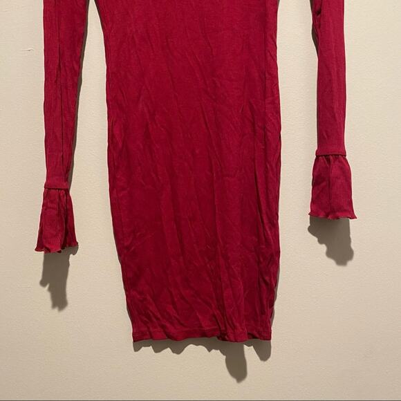 ASOS Mini Ribbed Flutter Cuff Long Sleeve Oxblood Bodycon Mini Dress Crewneck - Picture 9 of 12